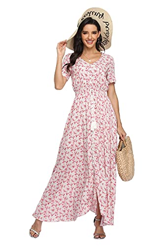 Image of VintageClothing Women's Floral Maxi Dresses Boho Button Up Split Summer Casual Long Dress Beach Party Dress