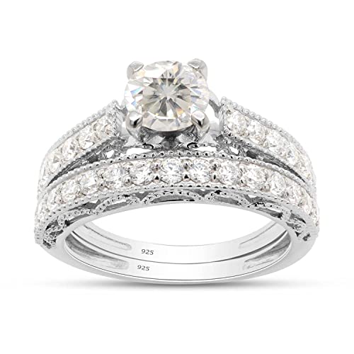 SAVEARTH DIAMONDS 1 1/2 CTTW Center 6MM Round Cut Lab Created Moissanite Diamond Milgrain Wedding Bridal Set Ring In 14k Gold Over Sterling Silver (VVS1 Clarity, 1.50 Cttw) …