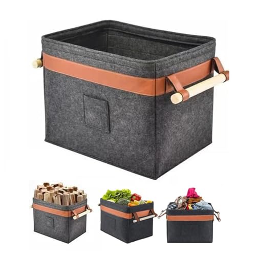 Cestas de fieltro – Cesta de almacenamiento de fieltro con mango de madera | Portador de leña de gran capacidad | Cesta de almacenamiento de leña plegable de fieltro con asas, gran capacidad para ropa