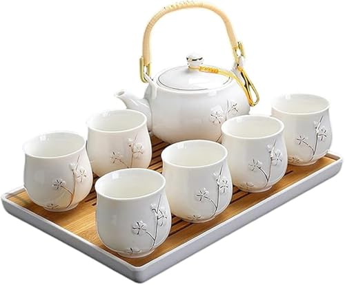 PpzhenN 茶器 セット 急須セット お茶セット 急須 ポット 湯呑み 陶器 ティーセット 8点セット 和風 急須 クラシック磁器茶具 茶托 ティーポット 土瓶 茶こし付 茶碗 茶器揃 おしゃれ プレゼント 茶道 自宅用 (ホワイト)