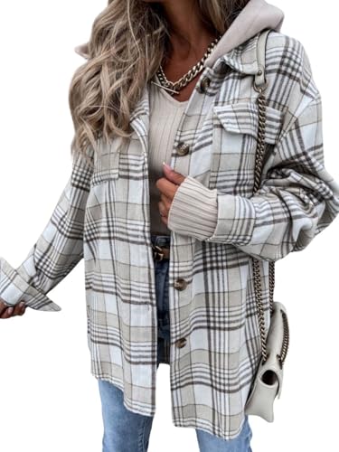 utcoco Womens Chunky Shacket Jacket Button Down Flannel Jacket with Hood Plaid Hoodie Coats