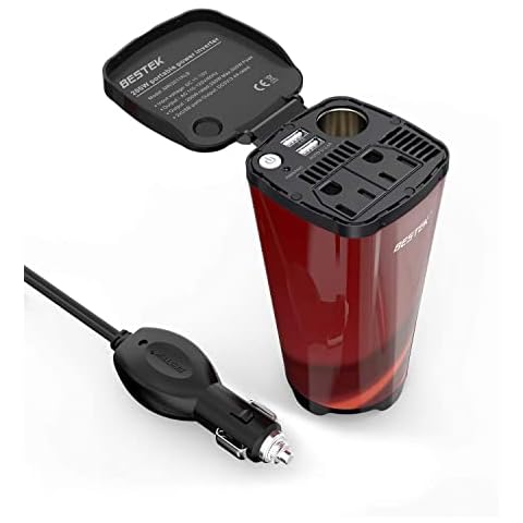 BESTEK 200W Car Power Inverter, Car Plug Adapter Outlet Converter with 2 AC Outlets, Dual 4.5A USB Charging Ports, Cup Holder Car inverter with Cigarette Lighter Socket for Laptop, Computer (Cola Red) Cover