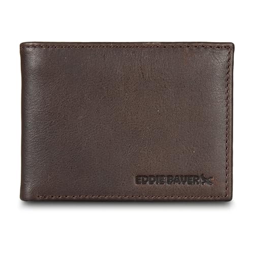 Eddie Bauer Men Signature Bifold Passcase Wallet (Available in Ripstop Nylon, Cotton Canvas, or Leather), Brown, One Size