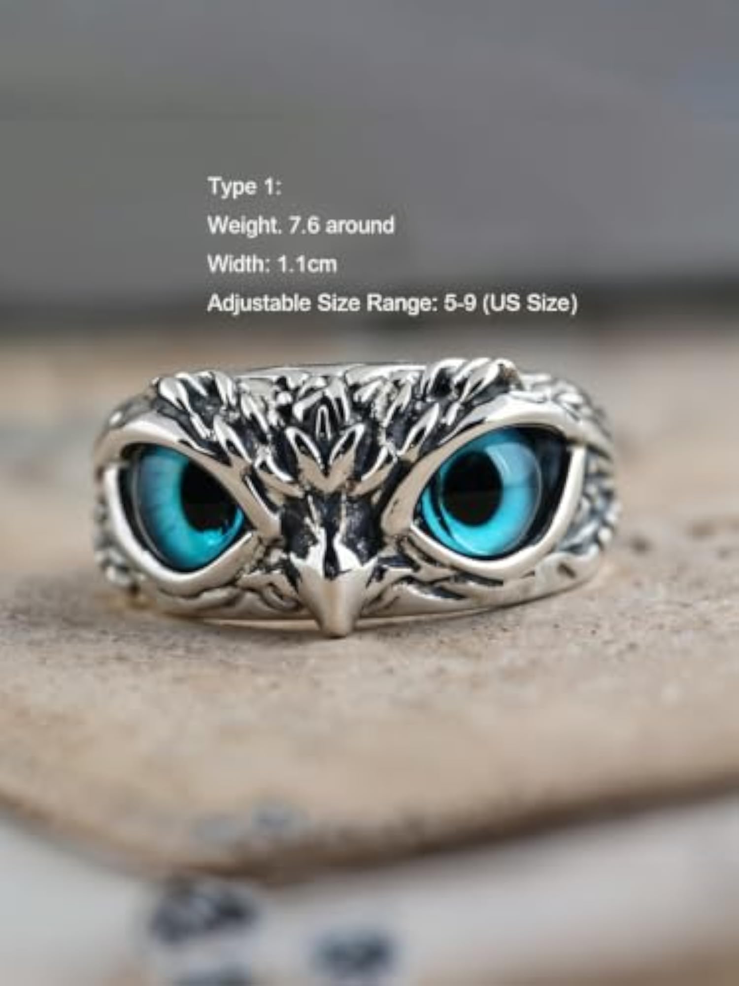 Gothic Blue Owl Eye Adjustable Ring, Stainless Steel