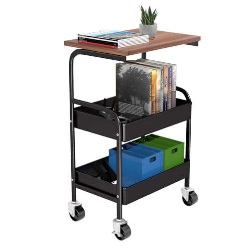 Rolling Metal Utility Cart with Wooden Top