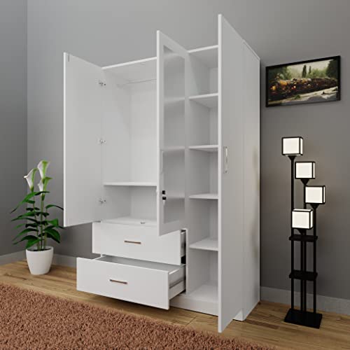 Image of VIKI Wardrobe | Wooden Almirah for Clothes,Door for Bedroom, 3 Door Wardrobe with Drawer, Mirror & Hanging Space (Frosty White - 40D x 120W x 180H) | 1 Year Warranty | Free Assembly
