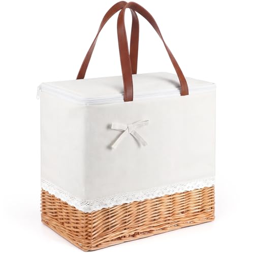 Insulated Wicker Beach Cooler Basket Tote Bag, Canvas