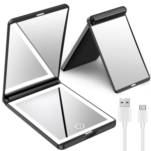 Benbilry Led Lighted Compact Makeup Mirror With Magnetic Switch, [1X/3X Magnification & Type-C Rechargeable & Adjustable Brightness & 300° Flip], Portable Travel Mirror Foldable Handheld Mirror Black #TOP10