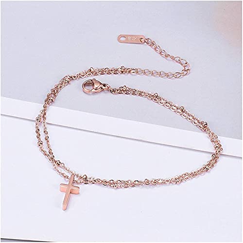Rose Gold Ankle Bracelets For Women - Adjustable Dainty Layered Cross Anklet In Rosegold Perfect For Teen Girls,Ladies - Fashion Stainless Steel Layered Link Foot Jewellery #TOP6