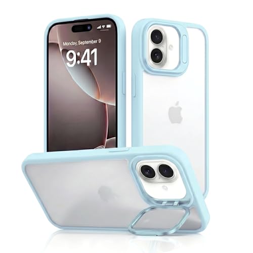 Image of amazon basics Frosted Matte Case for iPhone 17 | Built-in Flip-Out Camera Lens Stand | Translucent Back with Contrast Blue Bumper | Shockproof Protective Cover with Foldable Kickstand