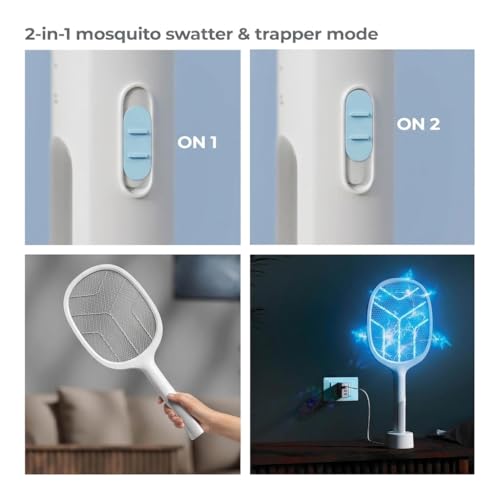 Image of 2 in 1 Mosquito Killer Racket with UV Light | Manual & Auto Kill Modes | Rechargeable Lithium Battery | Type-C USB Charging | Electric Mosquito Bat with Base Stand (White)