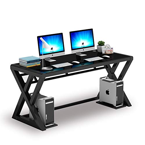 IPKIG Tempered Glass Computer Desk, Modern Study Office Desk with Metal Frame and Glass Top, Writing Study Desk Table, Gaming Desk for Home Office Workstation (Black, 55.1 Inch)