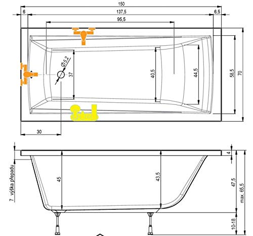 Bañera 150 x 70 Trend rectangular en acrílico blanco para baños modernos 2