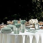 350 Pcs Sage Green Plates and Napkins, 50 Guest Spring Party Supplies Include Scalloped Paper Plates Napkins Cups Plastic Spoons Forks Knives Disposable Tableware Set for Baby Shower - Image 4