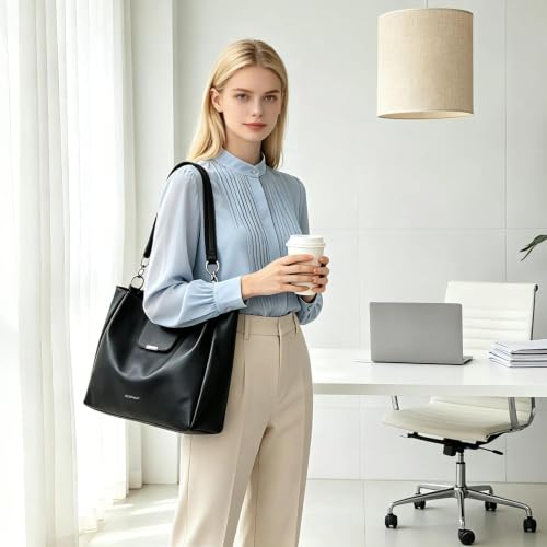 Image of BESMART Denim Tote Bag for Women, Large PU Leather Canvas Shoulder Bags with Circle Chain