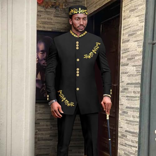 Men's Suit African Outfits Slim Fit Blazer Embroidery Blue Jacket and Trousers Match Hats 3 PCS Set2