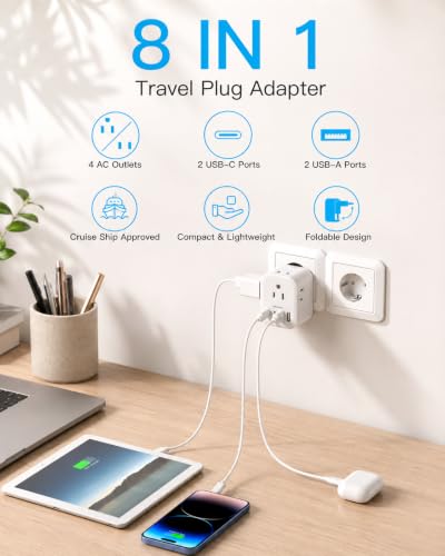 Image of Foldable European Travel Plug Adapter for US to Europe Italy Spain 2 Pack