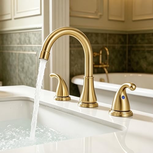 Image of Bathroom Sink Faucet FRANSITON Centerset 8 Inch 2 Handle Bathroom Sink Faucet Lead-Free with Pop-up Drain Stopper and Supply Hoses (Brushed Gold, 8 Inch)