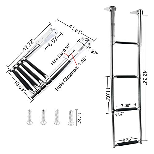 DasMarine 4 Step Ladder 316 Stainless Steel Telescoping Ladder, 900 Pound Capacity for Marine Yacht/Swimming Pool with Retaining Strap (4 Step Ladder)