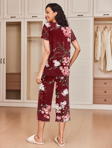 Image of Ekouaer 2 Pack: Women's Pajamas Set Short Sleeve Sleepwear Capri Pants Pjs Soft Loungewear with Pockets