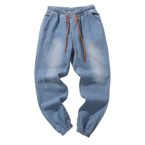 Denim Pants for Men Casual Baggy Classic Plus Size Jeans Pants Elastic Waist Drawstring Stretch Jorts with Pockets Streetwear