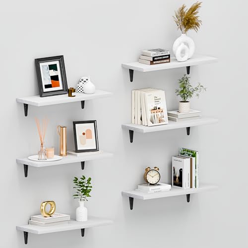 Image of SKYSEN Floating Shelves for Wall Set of 6, 15.7in Wood Wall Shelf for Decor, Bathroom, Bedroom, Storage, Book,Kitchen, Living Room - White(fs-40-w)
