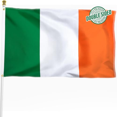 Ireland Irish Flag 3x5 ft Outdoor Double Sided 3 Ply Heavy Duty Ireland National Country Flag 100% Quality Polyester Irish Banner with Brass Grommets 4 Rows Stitches