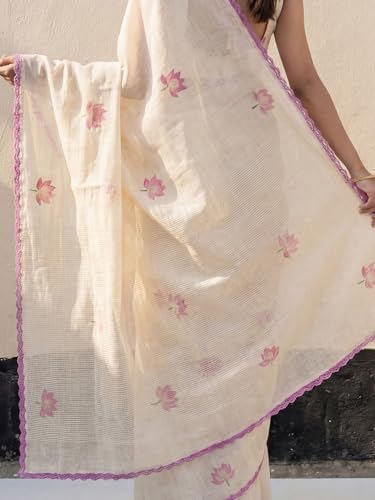Image of AKHILAM Women's Shimmer Off White Chanderi Cotton Floral Hand Paint Embroidered Lace work Saree With Unstitched Blouse Piece | saree for woman | Designer Saree for Women | Soft and Skin Friendly