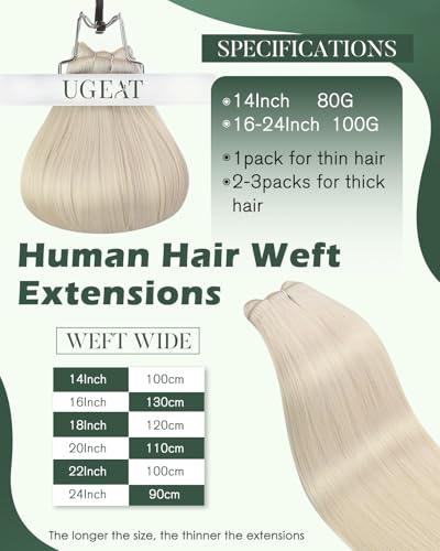 Image of Ugeat Weft Hair Extensions Human Hair Blonde Sew in Extensions Real Human Hair 20inch Platinum Blonde Remy Hair Extensions Real Human Hair Weft 105G
