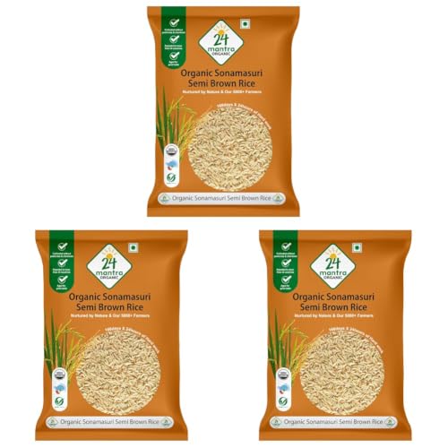 Image of 24 Mantra Organic Sonamasuri Unpolished Semi Brown Rice /Handpounded /Semi Brown Chawal- 5 Kg | 100% Organic | Chemical Free & Pesticides Free (Pack of 3)