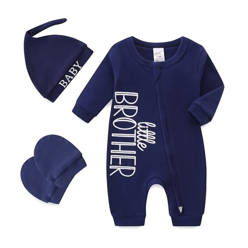 Image of Babymine Baby Boy Clothes Little Brother Newborn Outfit 0-3 Months Coming Home Romper with Mittens and Hat