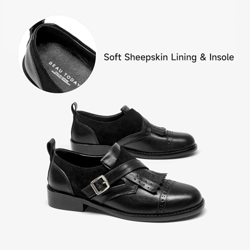Image of BEAU TODAY Women's Leather Loafers, Wingtip Brogue Monk Strap Shoes | Genuine Leather, Round Toe, Low Heel, Metal Buckle, Non-Slip, Comfortable Business Casual Flats for Work and School