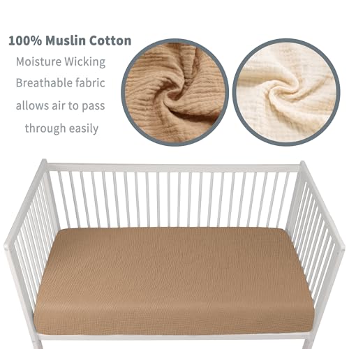 Muslin Crib Sheets for Boys Girls 100% Cotton Fitted Baby Crib Sheet 2 Pack Soft and Breathable for Standard Crib Mattress & Toddler Mattress 52x28in (Beige & Coffee)