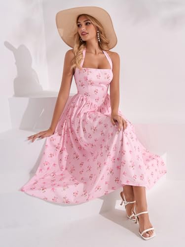 Image of Parthea Women's Floral Halter Corset Midi Dress 2026 Elegant Smocked Flowy Wedding Guest Dresses with Pockets