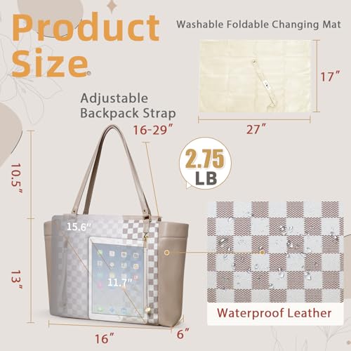 Image of miss fong Checkered Diaper Bag Tote Leather Diaper Bag Backpack, Large Capacity Mommy Bag Hospital Bag, 12 Pockets Travel Diaper Tote with Changing Pad for Mom Plaid Tote Bag for Women-Beige&Honey