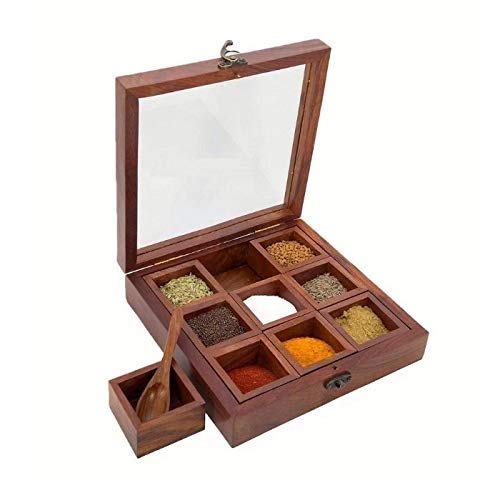Wooden Spice Box Sheesham Masala Box Containers Jars Cum Kitchen Spice Box with Spoon