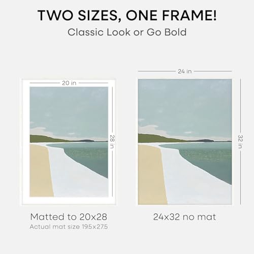 Image of Homeforia 24x32 Picture Frame, White Wood, High End Oak, Matted to 20x28, Tempered Glass, Wall Hook Included, Set of 1