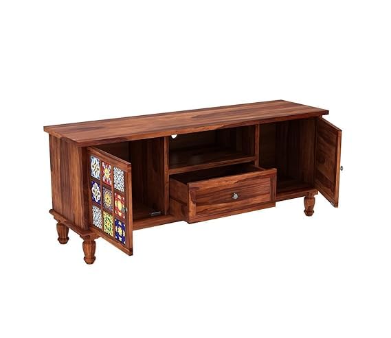 Image of Sheesham Wood Entertainment Tv Unit for Living Room | Free Standing Media Console Movable Tv Cabinet Sideboard | Tv Table Side Board with 2 Door Cabinet, 1 Drawer & Shelf Storage | Honey