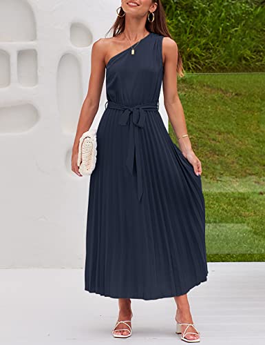 Merokeety Womens Sleeveless One Shoulder Pleated Belted Elastic High Waist Formal Midi Maxi Dress,Navy,S #TOP6