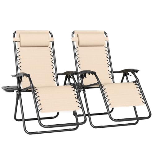 TQKVIPI Set of 2 Adjustable Zero Gravity Lounge Chairs Outdoor Recliner w/Cup Holder Tray & Removable Pillows, Ergonomic Reclining Chair for Camping Patio Lawn Balcony (Beige-Brown)