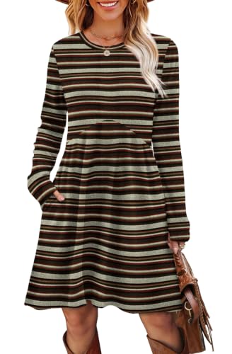 Image of OFEEFAN Long Sleeve Dress for Women Crew Neck Empire Waist Tunic Dress with Pockets