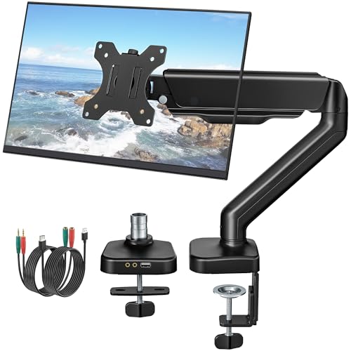 Image of monTEK Heavy Duty Single Monitor Arm with USB /Audio Ports for 17-32 inch Screens, Premium Mechanical Spring Monitor Arm up to 19.8 lbs, Full Motion Monitor Desk Mount, VESA 75 /100 mm, Clamp /Grommet