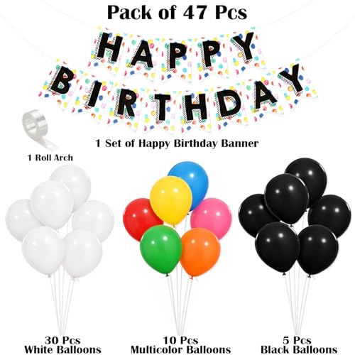 Image of Rozi Decoration Happy Birthday Decoration Kit 47 Pcs with Banner, White, Black & Multicolor Balloons for Adults and Kids Birthday Parties Decoration Items