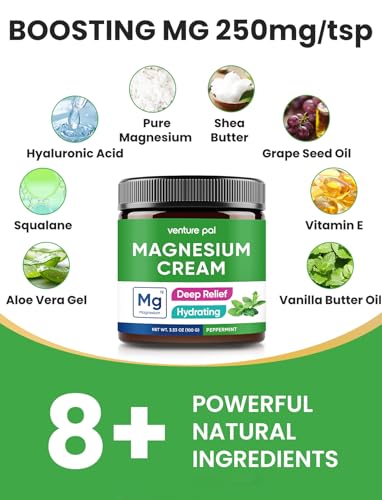 Image of Venture Pal Magnesium Lotion, Topical Magnesium Cream for Sleep, Leg Cramps & Pain, Muscle Relaxation, Calm, Moisturizing Supplement with Coconut Oil, Shea Butter & Hyaluronic Acid, Safe for Kids