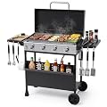 MAGIC UNION 4-Burner Heavy Duty Rolling Flat Top Propane Gas Griddle, Portable Griddle on Cart with Hood & Foldable Side Shelves, 32000 BTU 455 sq.in, for Outdoor Cooking, Camping & Tailgating