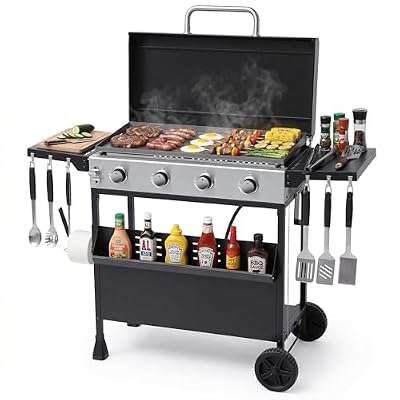 MAGIC UNION 4-Burner Heavy Duty Rolling Flat Top Propane Gas Griddle, Portable Griddle on Cart with Hood & Foldable Side Shelves, 32000 BTU 455 sq.in, for Outdoor Cooking, Camping & Tailgating