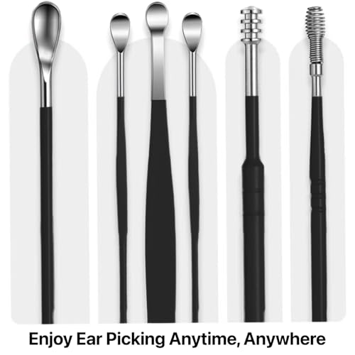 Image of Dr Vaku Reusable EarWax Removal Cleaning Tool Kit (Set of 7) Stainless Steel With Storage Case Ear Pick Scoop Curette Cleaner And Spring Buds Safe Easy & Hygienic- Black