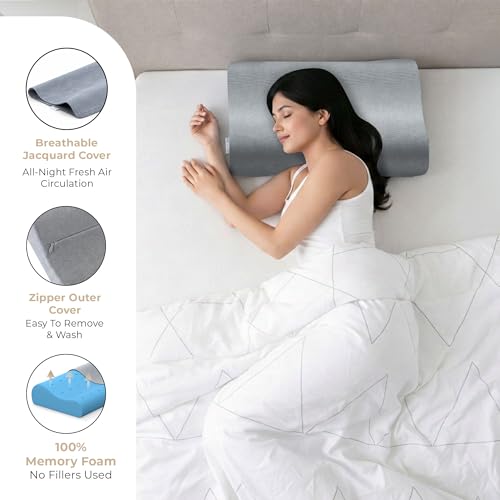 Image of MYARMOR Cool Gel Cervical Pillow for Neck Pain | Contour Design for Neck & Shoulder Pain Relief | Dual Height Ergonomic Support | 18 x 11 x 3.5 Inch | 2 Years Warranty | Grey Velvet Cover - Pack of 1