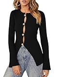 YUNLORIA Womens 2025 Fall Gold Button Split Front Cardigan Slim Fitted Long Sleeve Trendy Asymmetrical Knit Coat