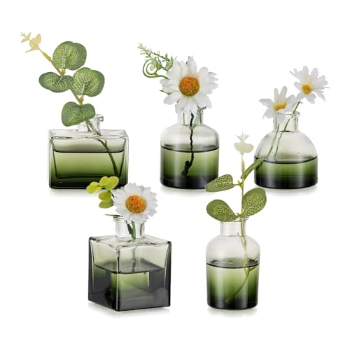 Image of Hewory Glass Bud Vases for Flowers: 3cm (W) X 6cm (H) Mini Glass Vase Green Small Vases for Table Decoration - 5pcs Assorted Mini Vase for Wedding Centrepiece Living Room Decor Home Party Birthday